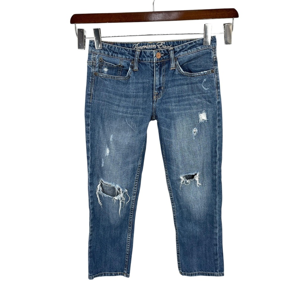 American Eagle Jeans Women Distressed Ripped Cropped Denim Preppy Size 2 Blue